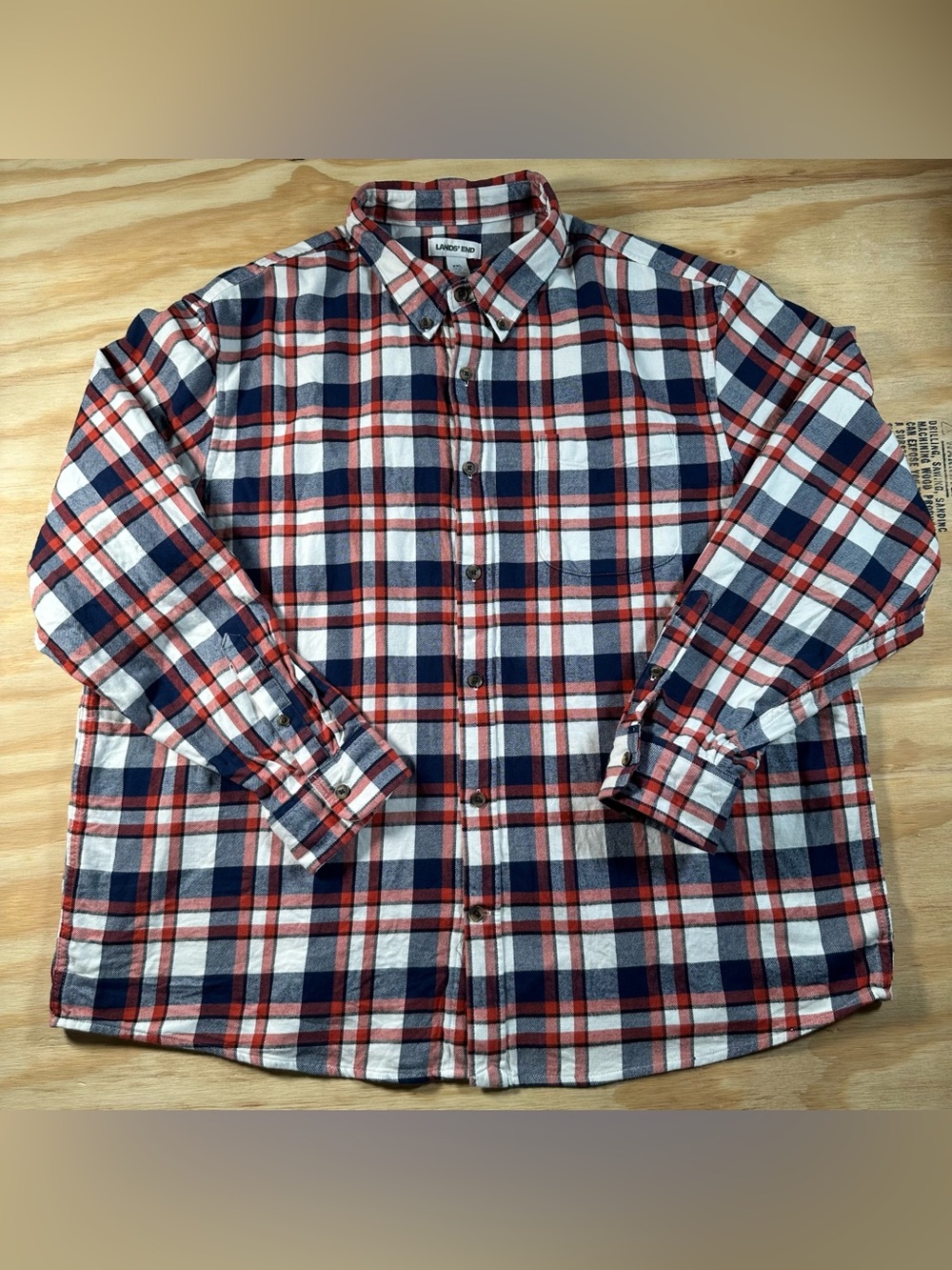 Lands' End Red Navy White Flannel Plaid Button-Down Shirt